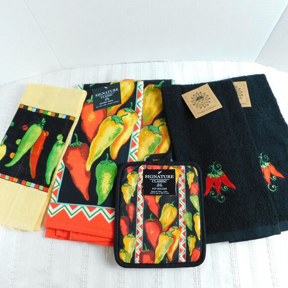 Kay Dee Designs Southwest Cotton Kitchen Towel, Hot Pad LOT Of 6 Peppers Black - Picture 14 of 14